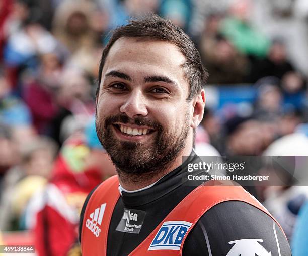 Andi Langenhan of Germany after the Viessmann Luge World Cup at Olympiabobbahn Igls on November 29, 2015 in Innsbruck, Austria.