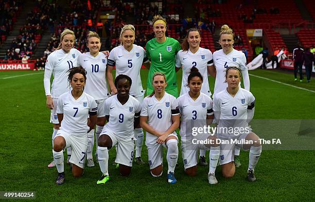 The England Team pose for a group photo ahead of the UEFA Women's Euro 2017 Qualifier between England Women and Bosnia Women at Ashton Gate on...