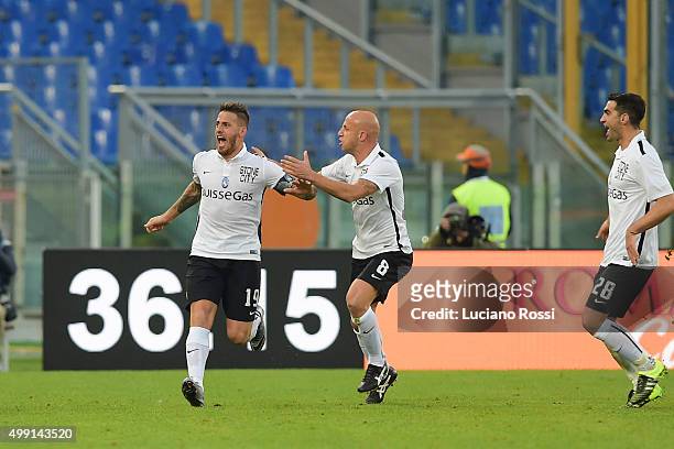 Atalanta BC players German Denis Giulio Migliaccio and Davide Brivio scoring celebrate after the second goal during the Serie A match between AS Roma...