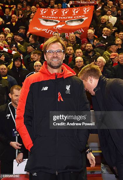 Jurgen Klopp manager of Liverpool smiles before the Barclays Premier League match between Liverpool and Swansea City at Anfield on November 29, 2015...
