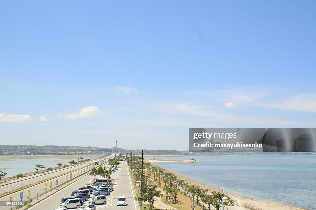 Japan, Elevated view of road along sea