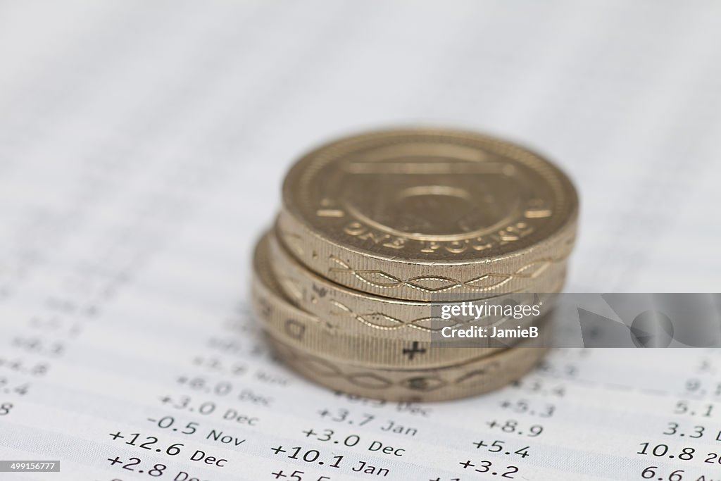 Stack of pound coins on financial data