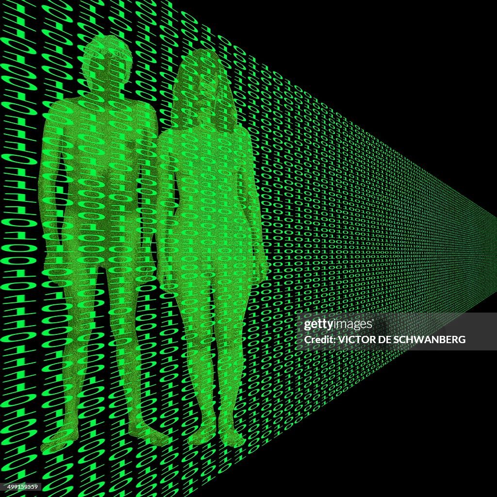Male and female with binary code