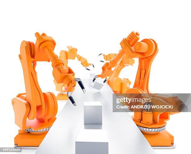 robots on production line, artwork - robot factory stock illustrations