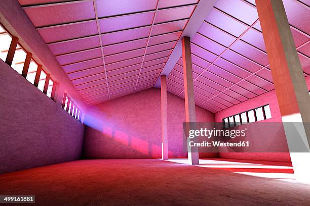 illustrazioni stock, clip art, cartoni animati e icone di tendenza di architecture visualization of an empty industrial building, 3d rendering - loft