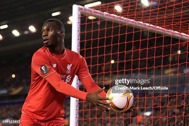 Christian Benteke of Liverpool in action during the UEFA Europa League Group B match between Liverpool and Rubin Kazan on October 22, 2015 in...