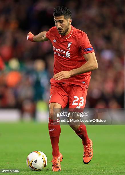 Emre Can of Liverpool in action during the UEFA Europa League Group B match between Liverpool and Rubin Kazan on October 22, 2015 in Liverpool,...