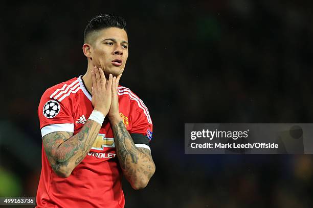 Marcos Rojo of Man Utd looks dejected during the UEFA Champions League Group B match between Manchester United and CSKA Moscow at Old Trafford on...