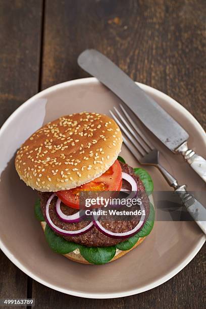 burger with mincemeat, tomato, lamb's lettuce and red onions on plate - red onion top view stock pictures, royalty-free photos & images