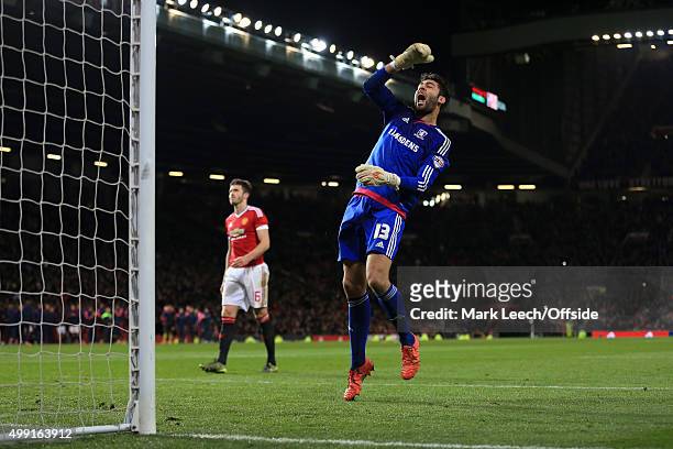 Boro goalkeeper Tomas Mejias celebrates after Michael Carrick of Man Utd missed his penalty during the shoot-out in the Capital One Cup Fourth Round...