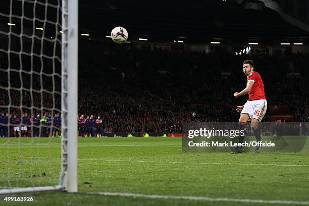 Michael Carrick of Man Utd fires his penalty over the bar during the shoot-out in the Capital One Cup Fourth Round match between Manchester United...