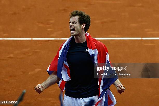 Andy Murray of Great Britain celebrates defeating David Goffin of Belgium to win the Davis Cup during day three of the Davis Cup Final between...