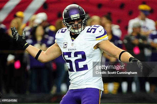 Chad Greenway of the Minnesota Vikings warms up prior to the game against the Atlanta Falcons at the Georgia Dome on November 29, 2015 in Atlanta,...