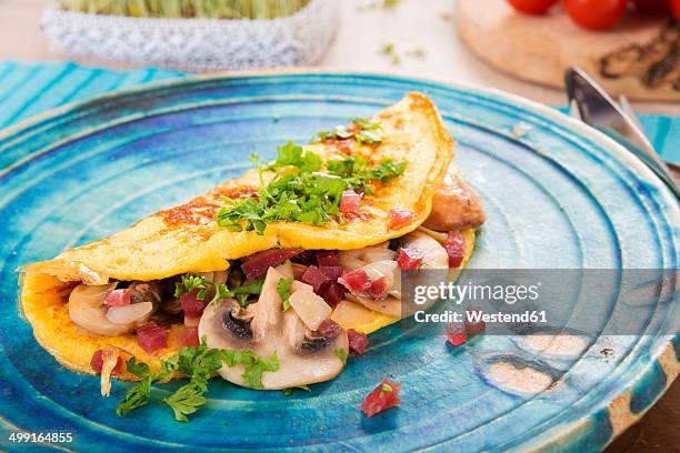 omelette with champignon, onion and ham on plate - pfannkuchen stock-fotos und bilder