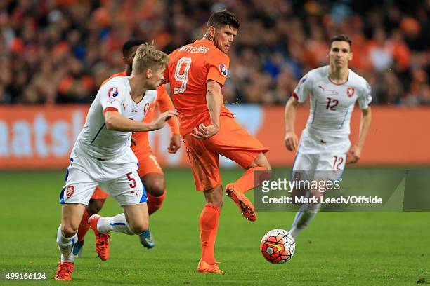 Klaas Jan Huntelaar of Netherlands flicks the ball on during the UEFA EURO 2016 Qualifying Group A match between the Netherlands and the Czech...