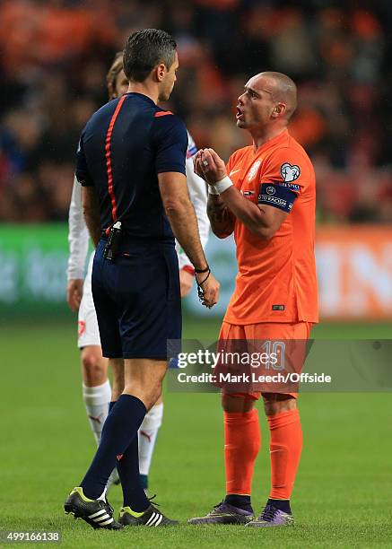 Wesley Sneijder of Netherlands pleads with the referee during the UEFA EURO 2016 Qualifying Group A match between the Netherlands and the Czech...