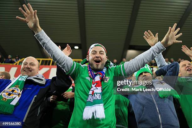 Northern Ireland fans cheer their side on during the UEFA EURO 2016 Qualifying Group F match between Northern Ireland and Greece at Windsor Park on...