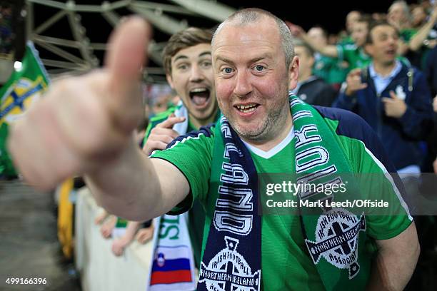 Northern Ireland fans enjoy the UEFA EURO 2016 Qualifying Group F match between Northern Ireland and Greece at Windsor Park on October 8, 2015 in...