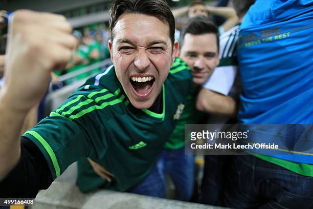 Northern Ireland fans celebrate during the UEFA EURO 2016 Qualifying Group F match between Northern Ireland and Greece at Windsor Park on October 8,...