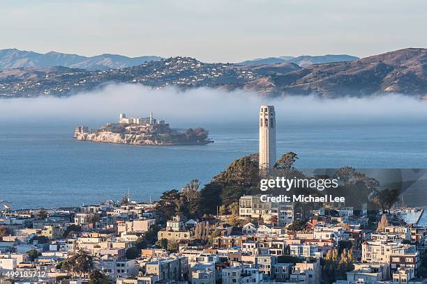 coit tower and foggy alcatraz, san francisco - alcatraz stock pictures, royalty-free photos & images