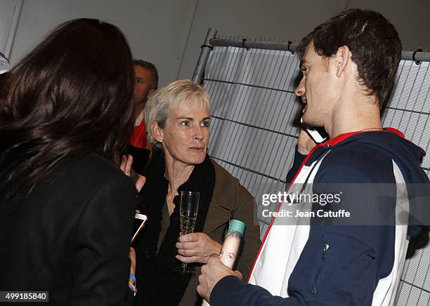 Judy Murray, mother of Andy Murray congratulates her son Jamie Murray for his victory with Great Britain during day three of the Davis Cup Final 2015...