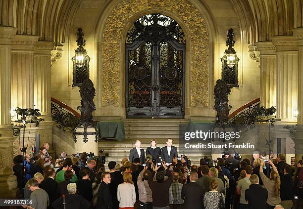 Hamburg's Burgermeister Olaf Scholz, Katharina Fegebank and Alfons Hörmann, DOSB president at the Rathaus as the results of the referendum on...