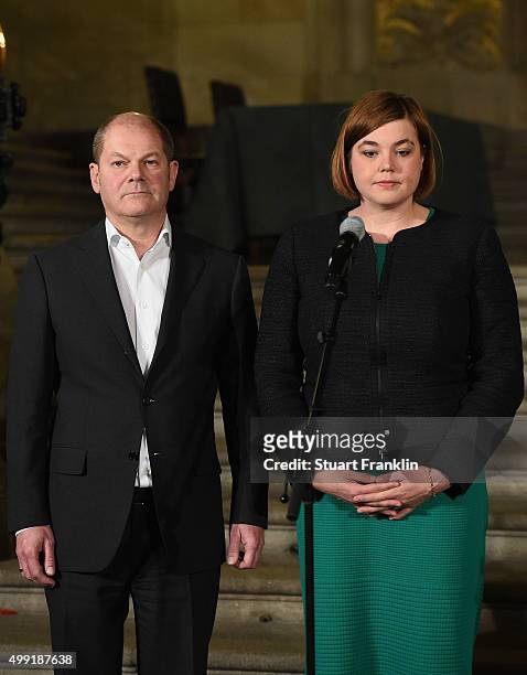 Hamburg's Burgermeister Olaf Scholz and Katharina Fegebank at the Rathaus as the results of the referendum on Hamburg's 2014 Olympic games...