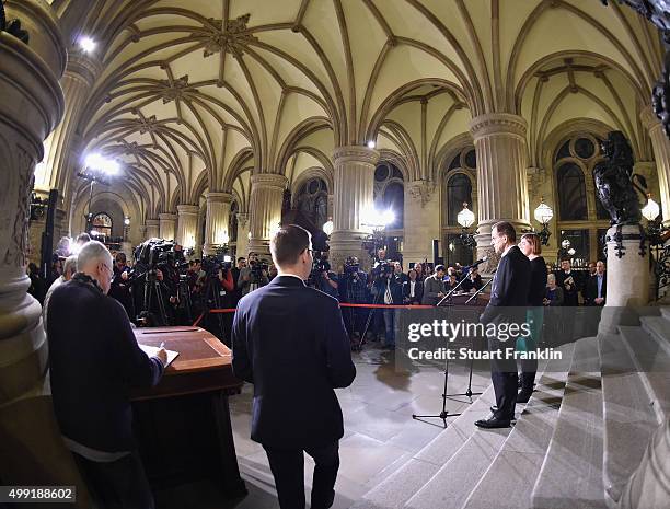 Hamburg's Burgermeister Olaf Scholz, Katharina Fegebank and Alfons Hörmann, DOSB president at the Rathaus as the results of the referendum on...