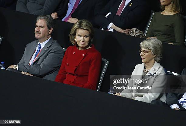 President of ITF David Haggerty, Queen Mathilde of Belgium and The Duchess of Gloucester attend the victory of Andy Murray of Great Britain over...