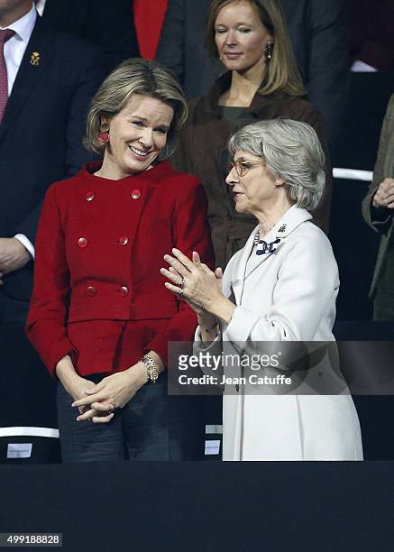 Queen Mathilde of Belgium and The Duchess of Gloucester attend the victory of Andy Murray over David Goffin of Belgium during day three of the Davis...
