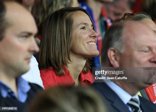 Former tennis champion Justine Henin of Belgium attends the victory of Andy Murray over David Goffin of Belgium during day three of the Davis Cup...