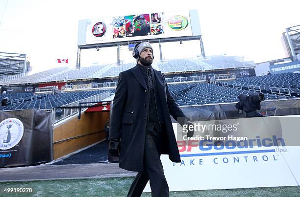 Quarterback Mike Reilly of the Edmonton Eskimos on the field prior to Grey Cup 103 against the Ottawa Redblacks at Investors Group Field in Winnipeg,...