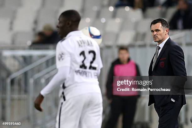 Head coach of FC Girondins de Bordeaux's Willy Sagnol looks on during the French Ligue 1 game between FC Girondins de Bordeaux and Stade Malherbe de...