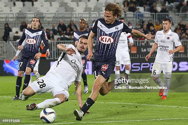 Damien Da Silva for Stade Malherbe de Caen and Clement Chantome for FC Girondins de Bordeaux battle for the ball during the French Ligue 1 game...