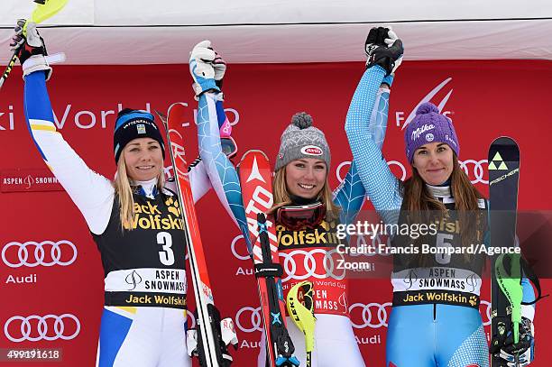 Frida Hansdotter of Sweden, Mikaela Shiffrin of the USA , Sarka Strachova of the Czech Republic on the podium during the Audi FIS Alpine Ski World...