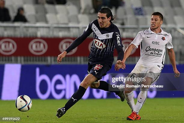 Jonathan Delaplace for Stade Malherbe de Caen and Enzo Crivelli for FC Girondins de Bordeaux battle for the ball during the French Ligue 1 game...