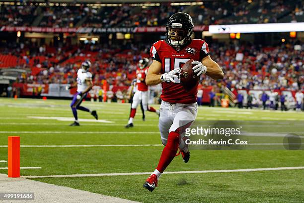 Nick Williams of the Atlanta Falcons catches a touchdown pass during the second half against the Minnesota Vikings at the Georgia Dome on November...