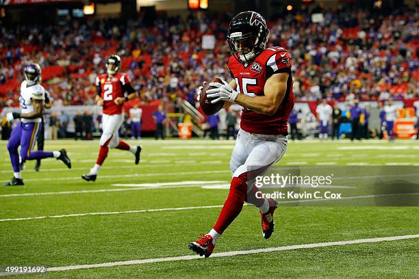 Nick Williams of the Atlanta Falcons catches a touchdown pass during the second half against the Minnesota Vikings at the Georgia Dome on November...