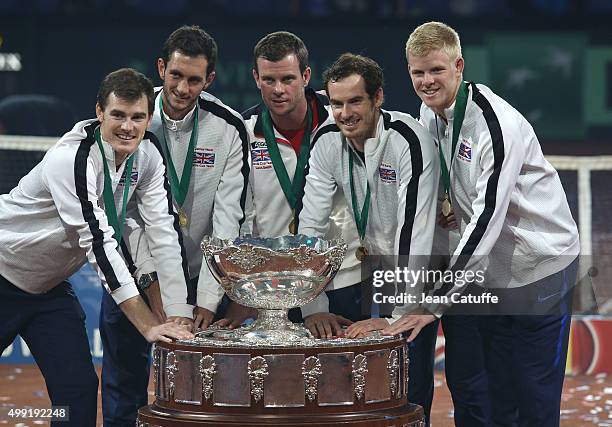 The team of Great Britain poses with Davis Cup following their victory on day three of the Davis Cup Final 2015 between Belgium and Great Britain at...