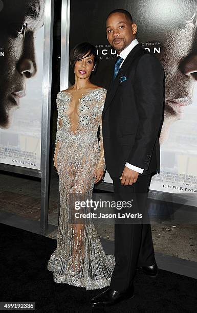 Actress Jada Pinkett Smith and actor Will Smith attend a screening of "Concussion" at Regency Village Theatre on November 23, 2015 in Westwood,...