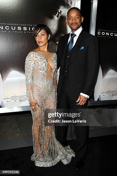 Actress Jada Pinkett Smith and actor Will Smith attend a screening of "Concussion" at Regency Village Theatre on November 23, 2015 in Westwood,...