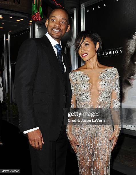 Actor Will Smith and actress Jada Pinkett Smith attend a screening of "Concussion" at Regency Village Theatre on November 23, 2015 in Westwood,...