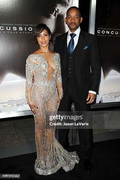 Actress Jada Pinkett Smith and actor Will Smith attend a screening of "Concussion" at Regency Village Theatre on November 23, 2015 in Westwood,...