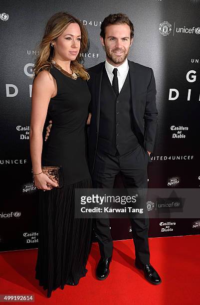 Juan Mata and Evelina Kamph attend the United for UNICEF Gala Dinner at Old Trafford on November 29, 2015 in Manchester, England.