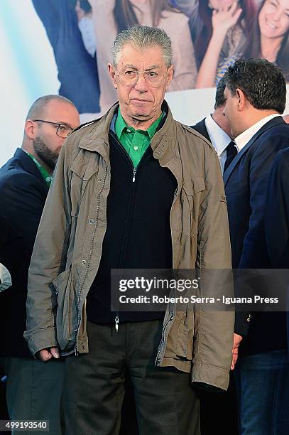 Umberto Bossi ex leader of Lega Nord political party attends the manifestation "Liberiamoci" at Piazza Maggiore on November 8, 2015 in Bologna, Italy.