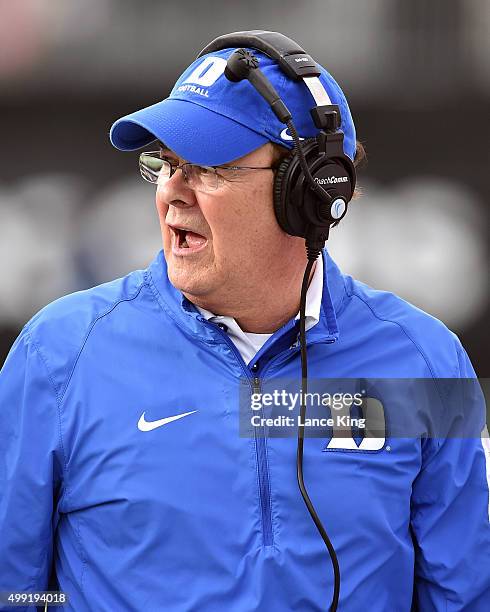 Head Coach David Cutcliffe of the Duke Blue Devils looks on during their game against the Wake Forest Demon Deacons at BB&T Field on November 28,...