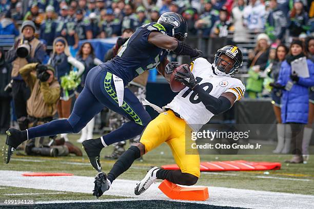 Wide receiver Martavis Bryant of the Pittsburgh Steelers scores a touchdown against strong safety Kam Chancellor of the Seattle Seahawks in the...