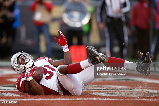 David Johnson of the Arizona Cardinals scores a touchdown on a one-yard rush against the San Francisco 49ers during their NFL game at Levi's Stadium...