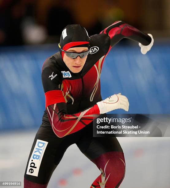 Jeremias Marx of Germany competes in the men's 500m race during day two of the ISU Junior World Cup Speed Skating at Sportforum Hohenschoenhausen on...