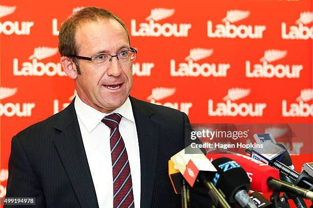 Labour Leader Andrew Little speaks during a press conference at Parliament on November 30, 2015 in Wellington, New Zealand. The new Labour line up...